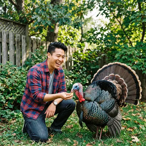 Asian Man Enjoying Time with Colorful Turkey Outdoors