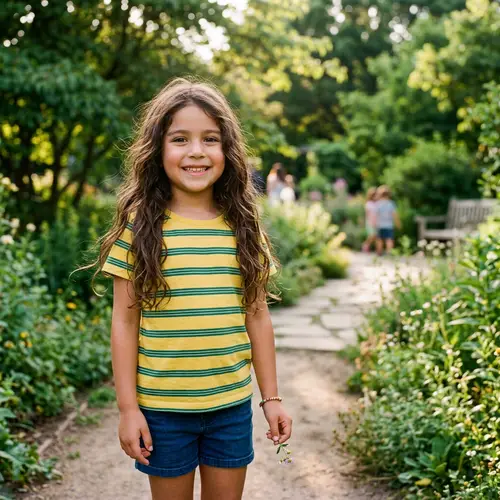 Young Hispanic Girl in Yellow and Green Striped T-Shirt
