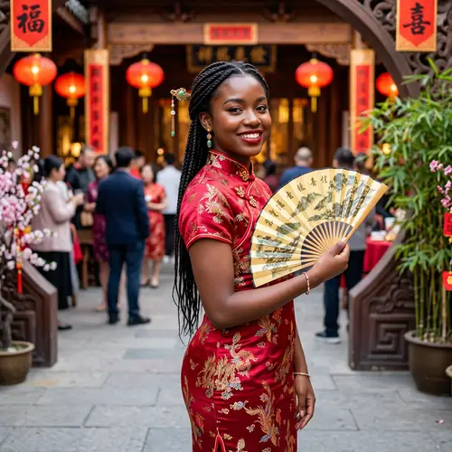 Elegant American Girl in Red Silk Dress
