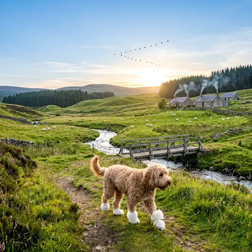 Serene Highland Landscape with Labradoodle and Sheep