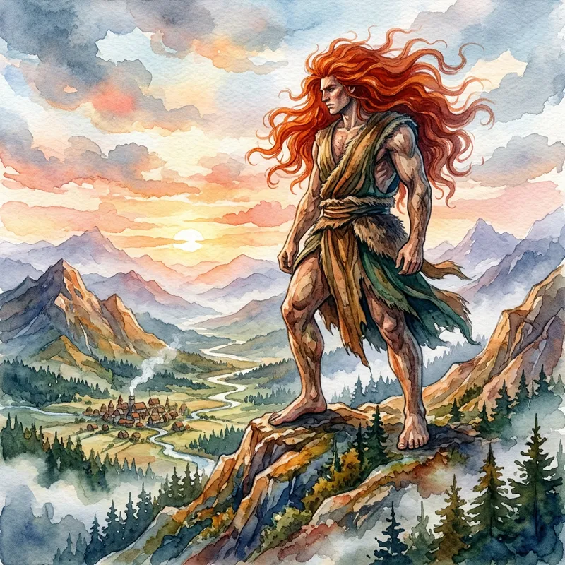 Colossal Red-Haired Giant in Watercolor Illustration