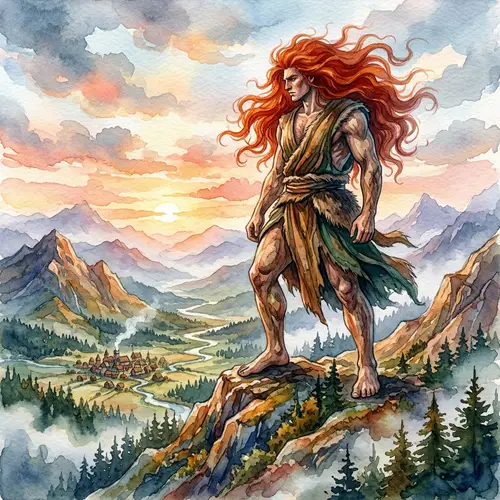 Colossal Red-Haired Figure Watercolor Illustration