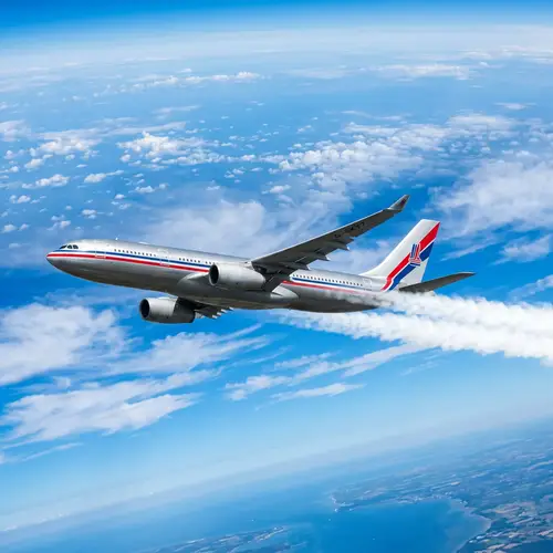 Detailed Depiction of Silver Airplane Soaring in Bright Blue Sky