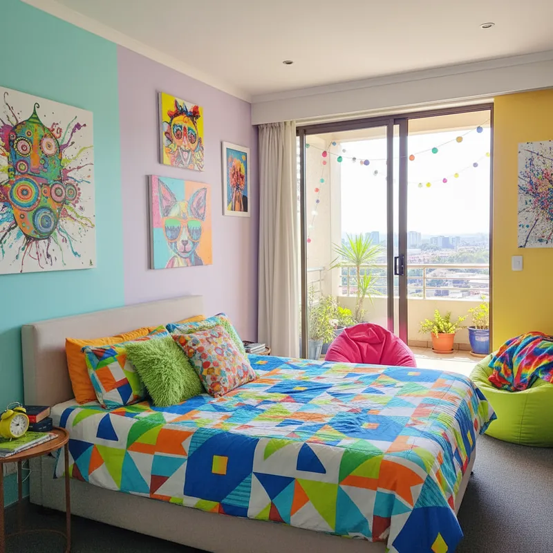 Bright and Funky Bedroom with Balcony Design Bright and Funky Bedroom with Balcony Design
