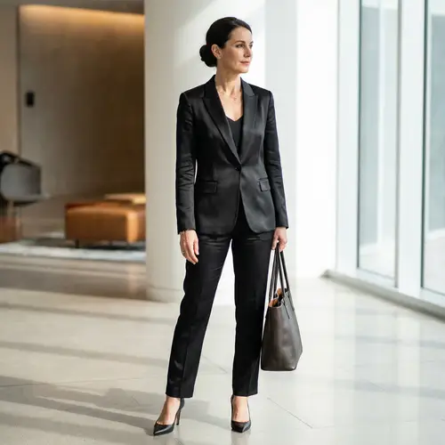 Elegant Professional Female in Black Silk Suit & High Heels