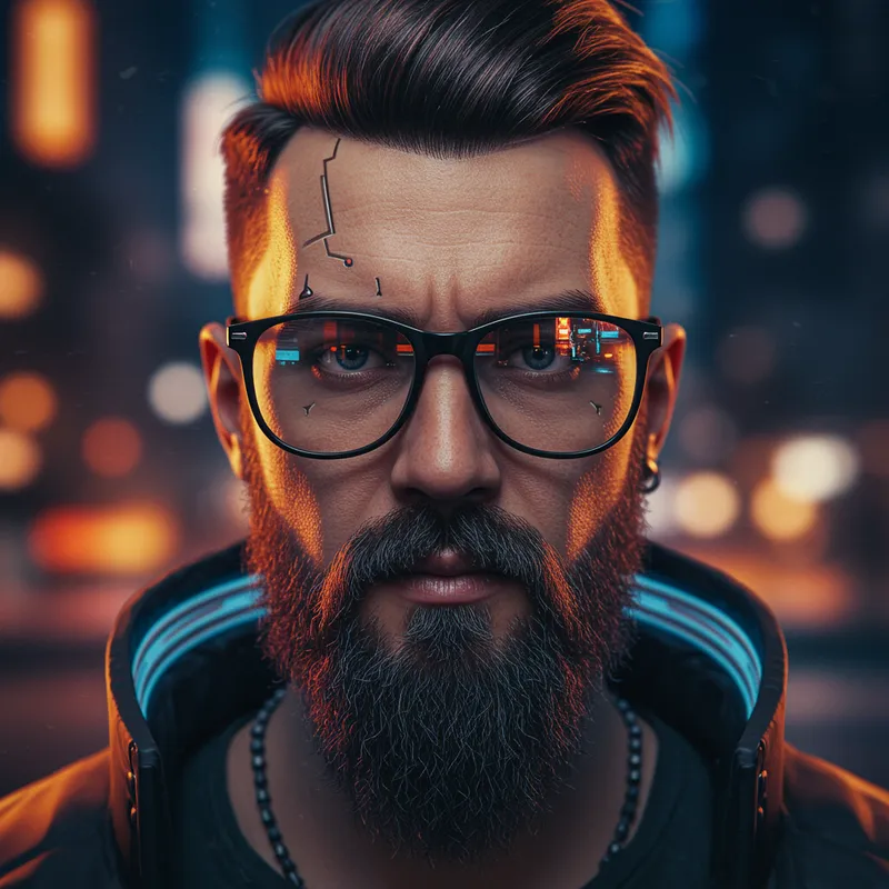 Cyberpunk Man with Black Glasses and Beard