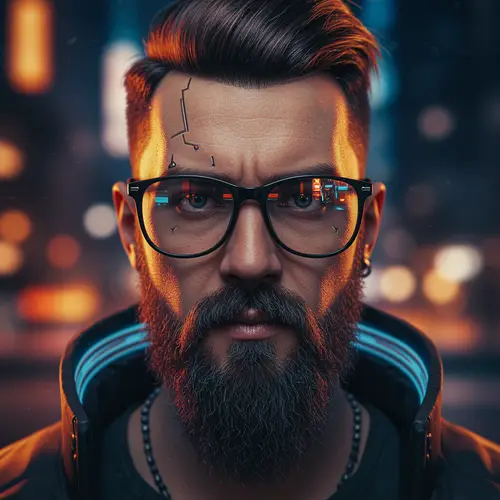 Cyberpunk Man with Black Glasses and Beard