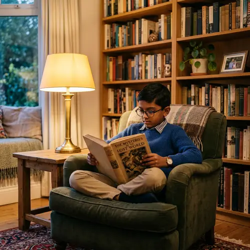 Smart South Asian Boy Reading in Cozy Room