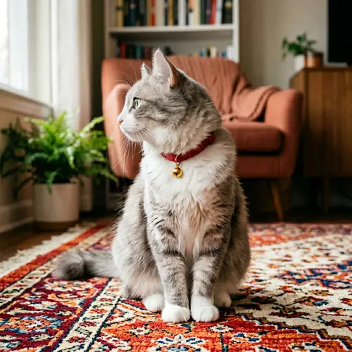 Adorable Fluffy Domestic Cat with Red Collar | Cozy Indoor Scene