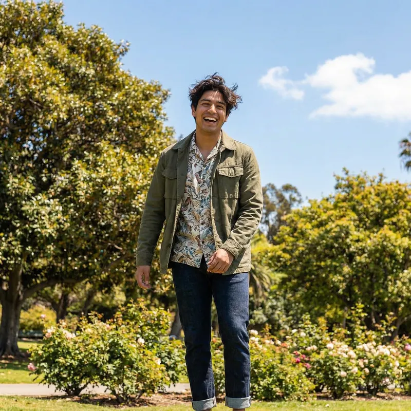 Young Man in Trendy Casual Attire | Serene Park Portrait