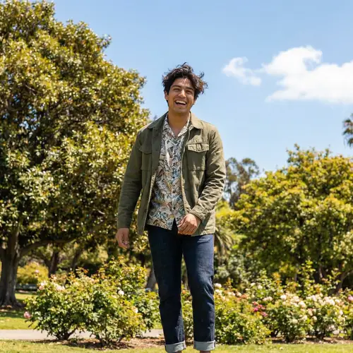 Youthful Hispanic Man in Trendy Casual Attire | Serene Park Portrait