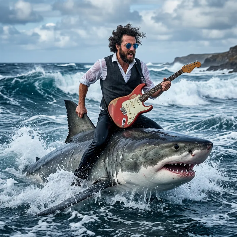 Jeff Lynne Riding Shark in Epic Ocean Scene