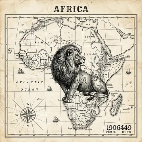 Black and White Lion in Africa Map