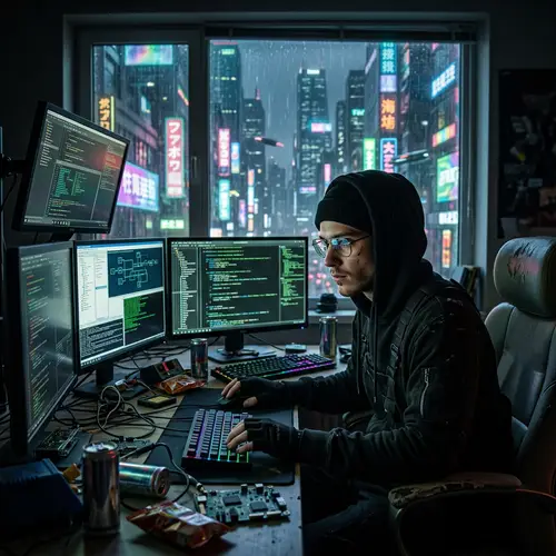 Skilled Hacker in Cyberpunk Room Surrounded by Glowing Screens