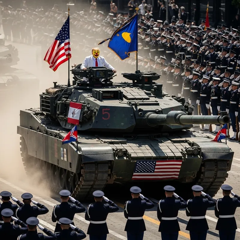 Trump as a Clown in a Military Tank Parade
