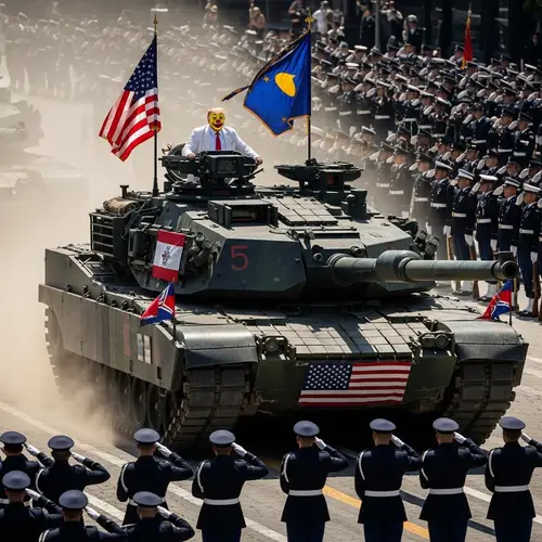 Trump as a Clown in a Military Tank Parade