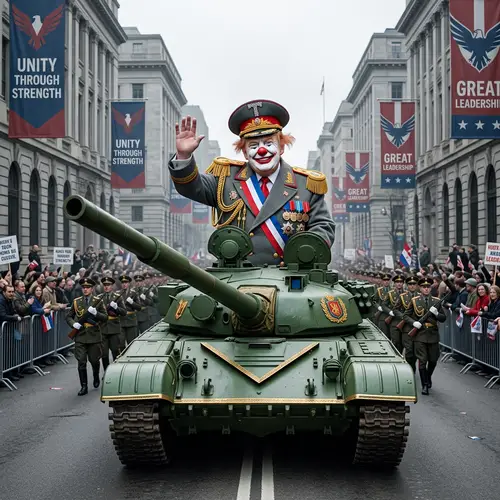 Trump as a Clown in a Military Tank Parade