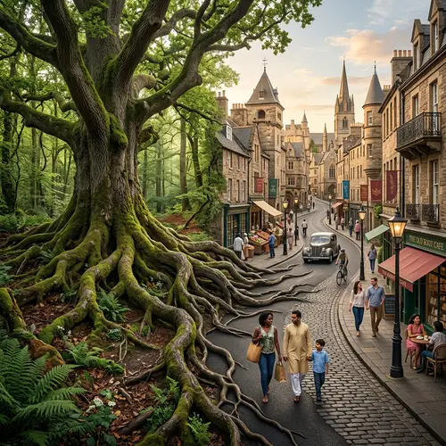 Gnarled Tree Roots Transform to City Roads | Diverse Urban Scene
