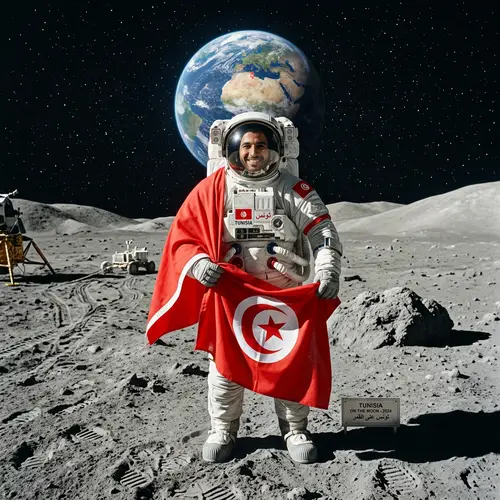 Tunisian Astronaut on Lunar Surface with Flag | Earth View