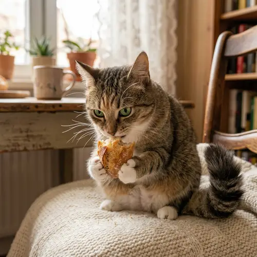 Charming Cat Enjoying Bread in a Cozy Setting