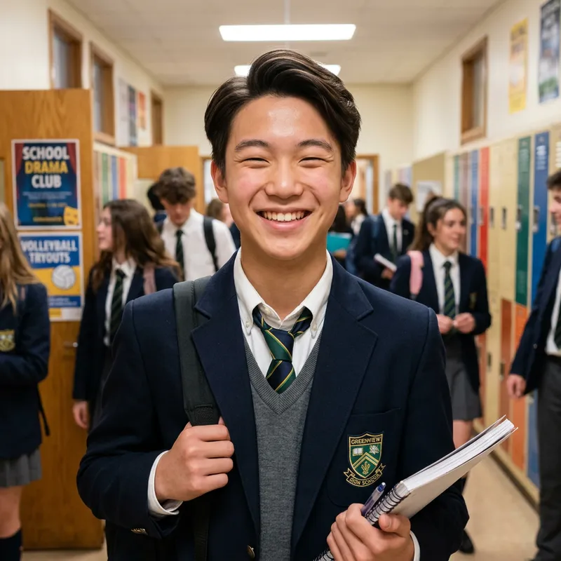 Cheerful High School Boy with 7:3 Hair Parting Style