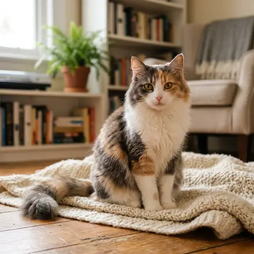 Comfortable Domestic Cat with Fluffy Coat in Serene Setting