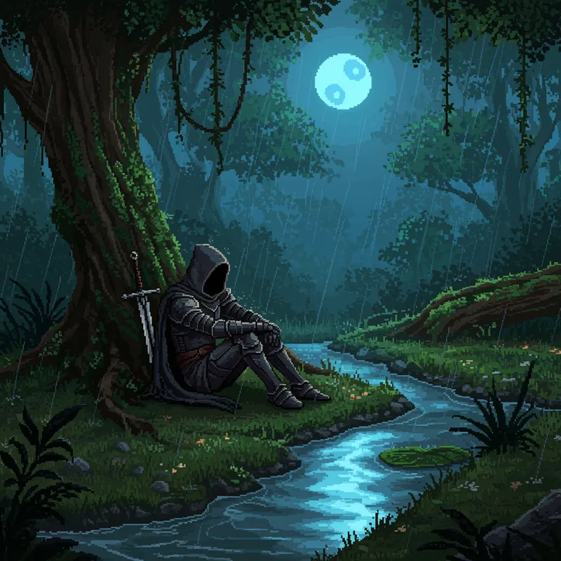 Mystical Hooded Warrior in Pixel Art