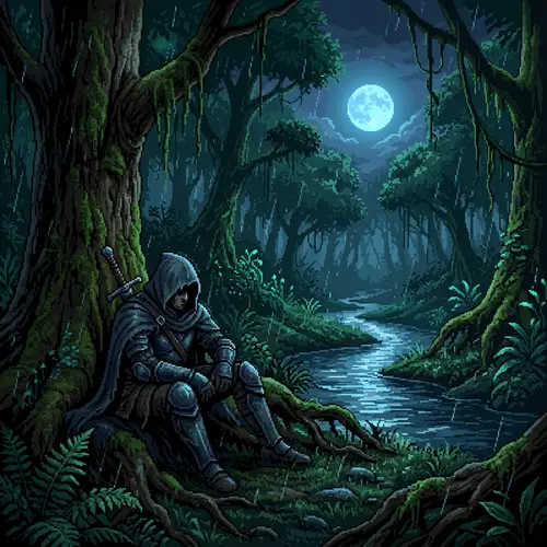 Mystical Hooded Warrior in Pixel Art