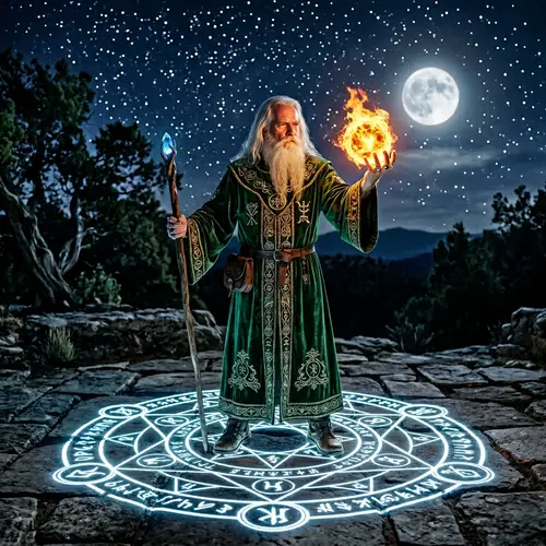 Elderly Wizard Casting Fireball - Magical Night Scene