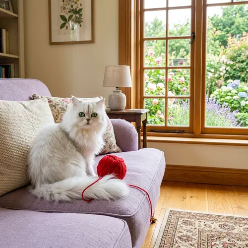 Fluffy Persian Cat on Lavender Sofa | Sunlit Garden View