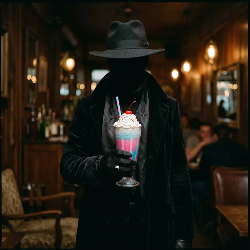 Mysterious Figure with a Colorful Milkshake