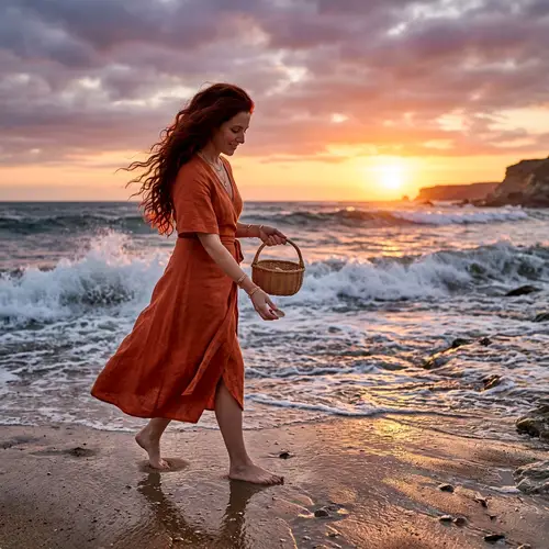 Captivating Beachscape at Golden Hour with Elegant Woman Collecting Seashells