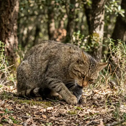Wildcat in Mediterranean Forest Eating a Shrew