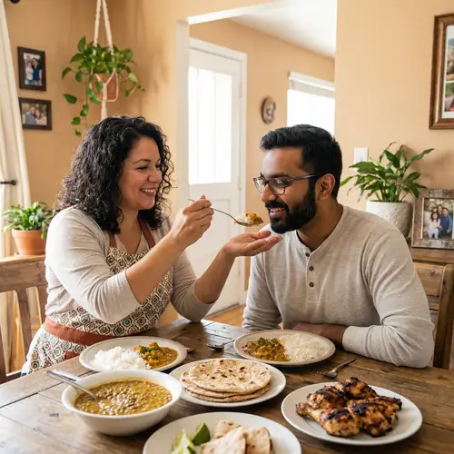 Intimate Multicultural Couple Sharing Home-Cooked Meal