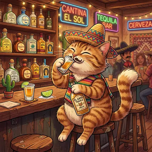 Surreal Cartoon of Cat Drinking Tequila | Fun Illustration