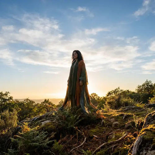 Hispanic Woman Connecting Sky and Earth in Harmonious Blend