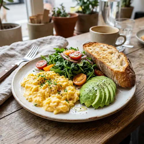 Tender Scrambled Eggs with Avocado and Rocket Salad
