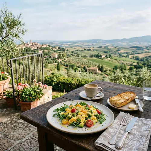 Delicate Scrambled Eggs with Avocado, Arugula, and Tomatoes
