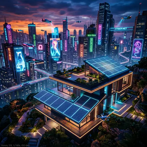 Futuristic Eco-Friendly House with Solar Panels | Vibrant Cityscape