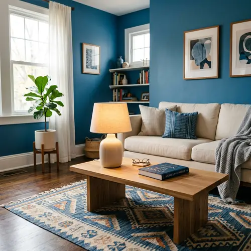 Blue Room with Low Table, Lamp, and Book