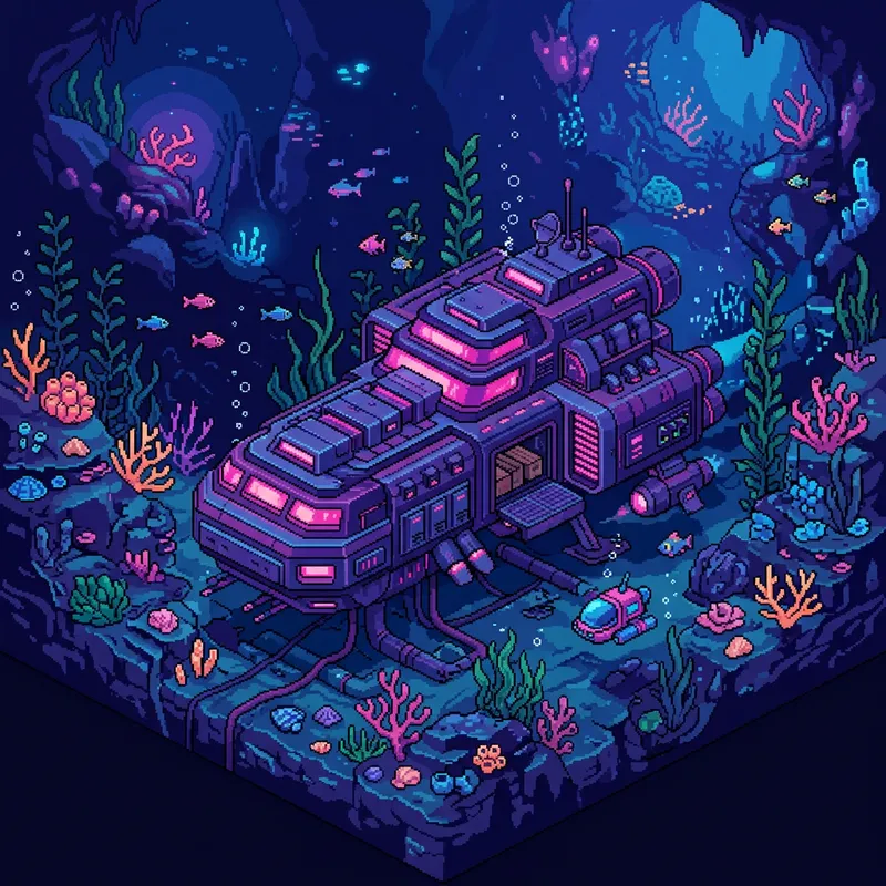 Isometric Pixel Art Spaceship Underwater