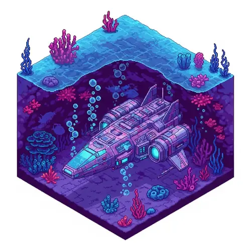 Isometric Pixel Art Spaceship Underwater