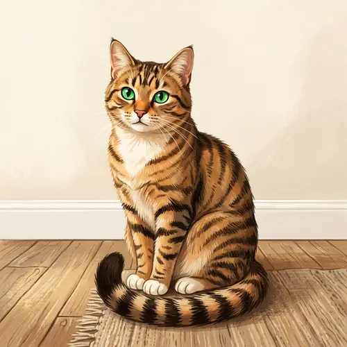 Illustration of a Striped Cat with Green Eyes