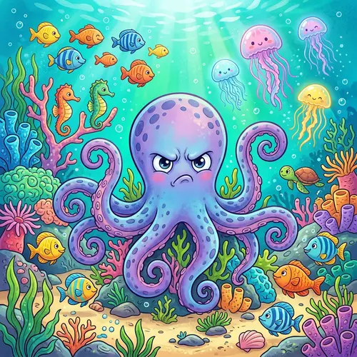 Cartoon Angry Octopus in Ocean for Kids