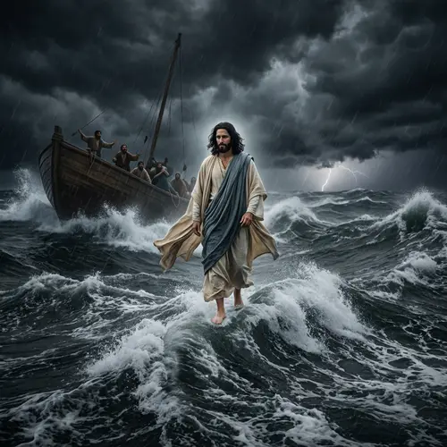 Jesus Walking on Water Amidst a Storm