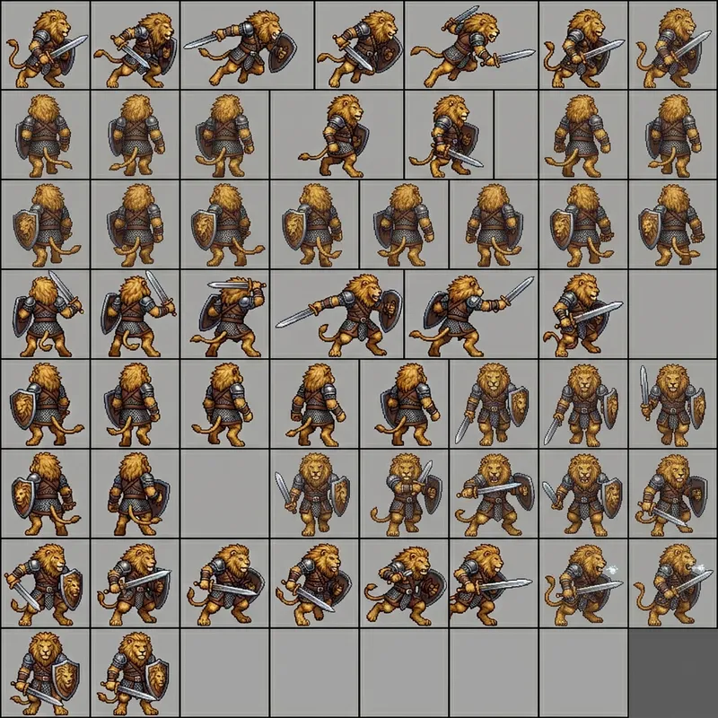Detailed Pixel Art Sprite Sheet of Lion Humanoid for Dungeons & Dragons RPG