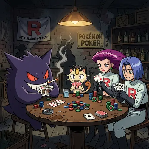 Gengar vs. Team Rocket: A Dark Cartoon Showdown