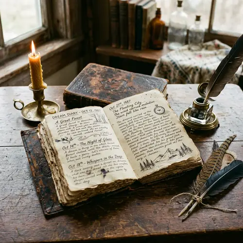 Antique Dream Diary with Feathers, Candle & Ink Pot