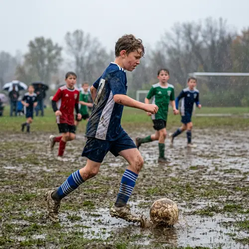 Boy Plays Soccer in Rainy Muddy Field