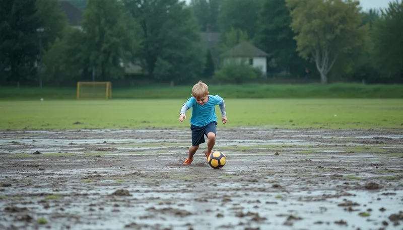 Boy Plays Soccer in Rainy Muddy Field